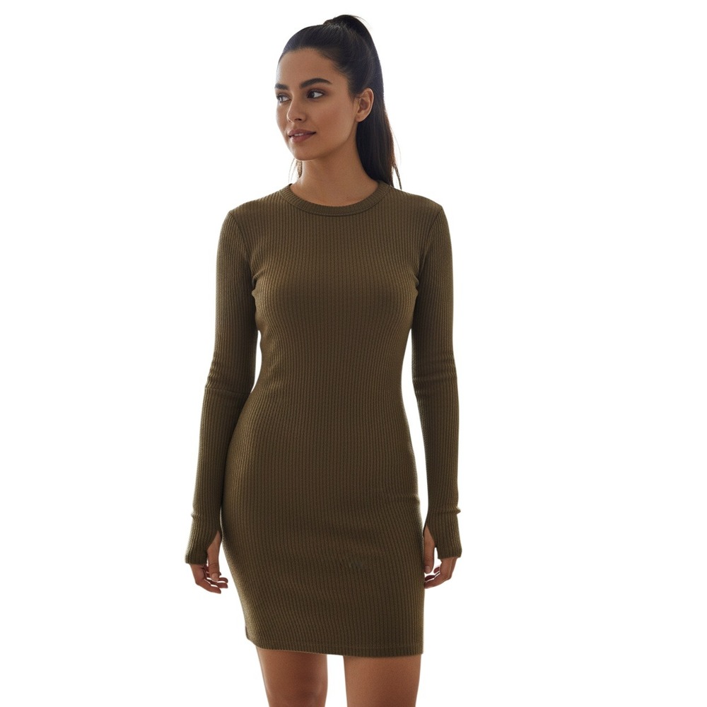 Enza Costa‎ Cotton Ribbed Bodycon Knit Dress Olive Green Minimalist XS